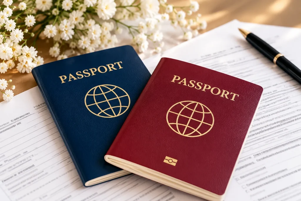 Два загранпаспорта на бланках заявления для международного брака